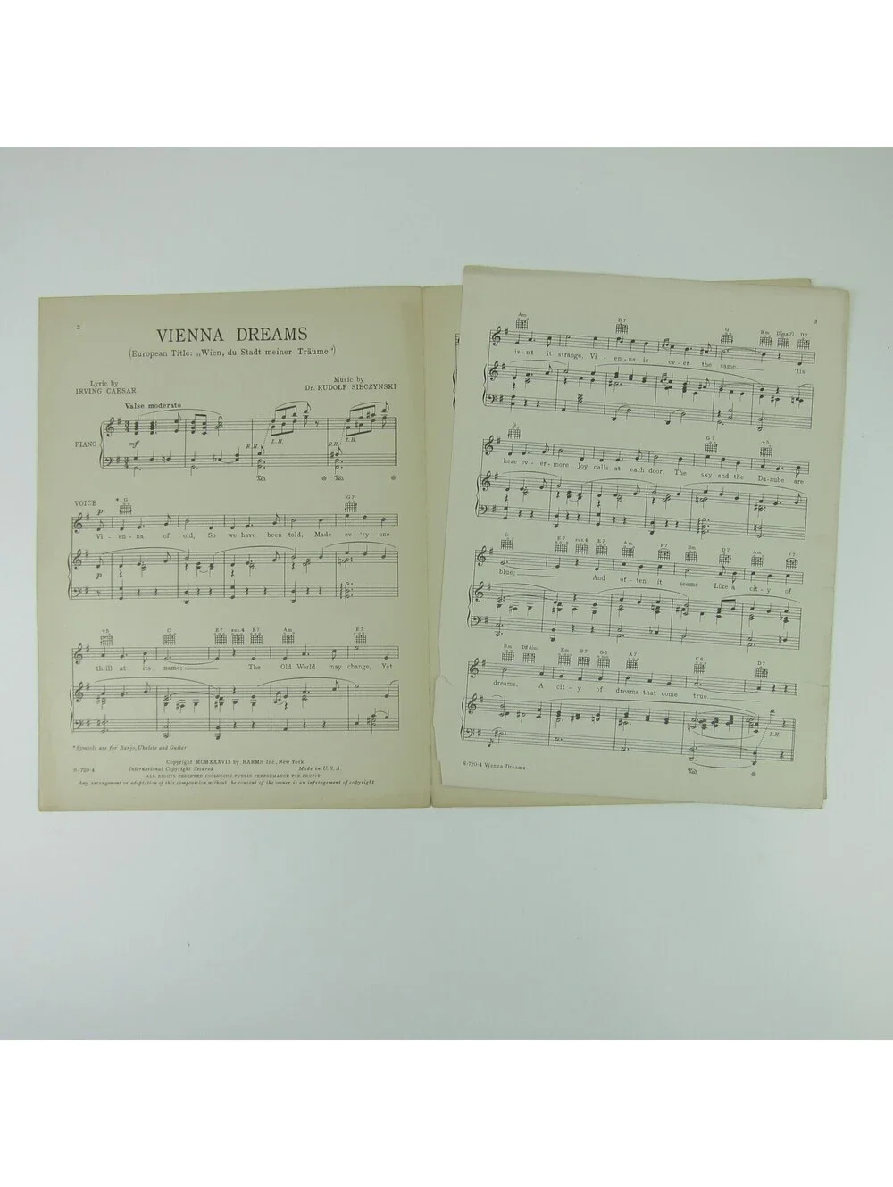 Sheet Music Vienna Dreams Kitty Carlisle Irving Caesar Sieczynski Vintage 1937